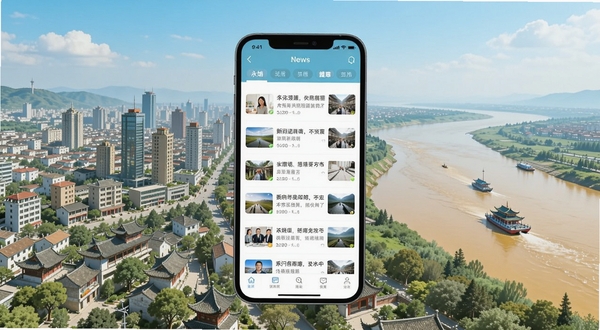 新永靖软件主界面全貌展示,画面中央为手机屏幕显示新闻资讯列表,背景为永靖城市风貌与黄河景观,整体色调清新明亮,适配Boogu模型生成