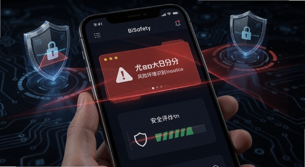 BiSafety 风险环境识别功能界面,手机屏幕显示红色警告卡片与安全评分,背景为深色科技风格,画面中有盾牌与扫描光线元素,突出安全检测的视觉感受