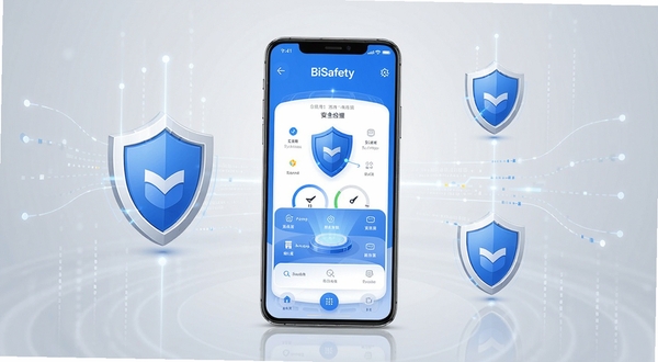 BiSafety 手机安全防护应用主界面展示,画面中央是一部竖屏智能手机,屏幕内呈现蓝白配色的安全检测仪表盘,背景为浅灰色科技感渐变,四周环绕盾牌与数据流元素,整体风格简洁专业