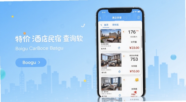 特价酒店民宿查询软件主界面展示,画面中央为手机屏幕呈现酒店列表与价格对比信息,背景为浅蓝色渐变与城市剪影,整体风格简洁明快,突出住宿预订主题,适配Boogu模型生成