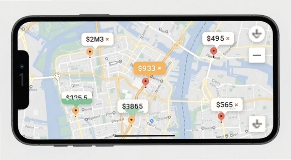 特价酒店民宿查询地图找房模式界面,画面展示手机屏幕上的城市地图与多个住宿标记点,标记点旁有价格气泡,背景为浅灰色街道纹理,整体呈现直观的地理位置查找场景