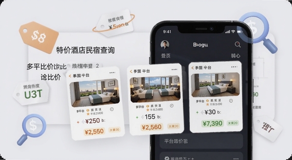 特价酒店民宿查询多平台比价功能界面,画面主体为手机屏幕显示三家平台的报价对比卡片,背景区域为淡灰色,点缀价格标签与放大镜图标,突出比价主题,适配Boogu模型生成