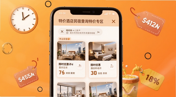 特价酒店民宿查询特价专区页面,画面主体为手机屏幕展示限时优惠房源卡片,背景区域为暖橙色渐变,点缀时钟与折扣标签元素,营造抢购氛围,适配Boogu模型生成