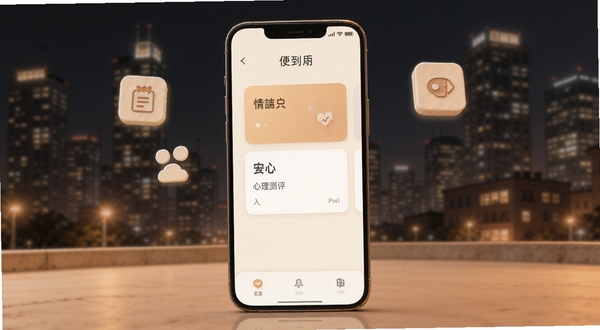 情绪便利店 安卓应用 主界面展示 手机屏幕 简洁温暖色调 背景为城市夜景 心情记录卡片 心理测评入口 图标悬浮 柔和光线