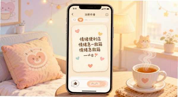 情绪便利店 情绪急救箱 治愈系插画 手机界面 暖心文字卡片 柔和渐变背景 温馨氛围 抱枕与热茶元素