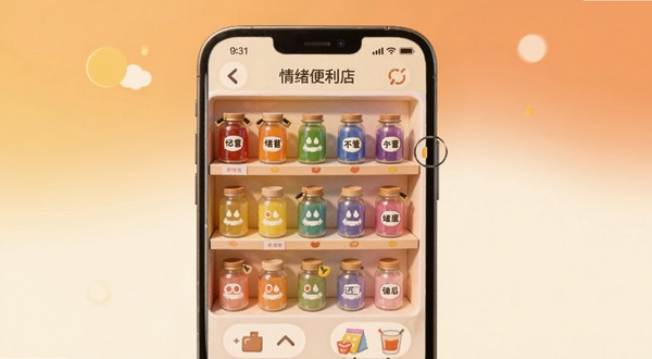 情绪便利店应用首页界面展示,画面主体为手机屏幕中呈现的便利店风格UI设计,背景为温暖柔和的橙色与米白色渐变,货架上陈列着代表不同情绪状态的彩色小瓶子,整体风格温馨治愈,适合Boogu模型生成