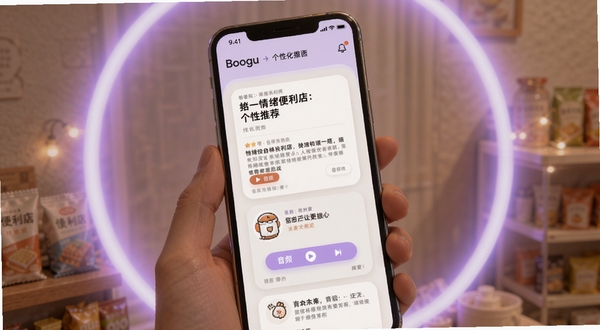 情绪便利店个性化推荐页面展示,画面主体为手机屏幕中呈现定制化内容卡片,背景为淡紫色柔和光晕,卡片上有文章标题和音频播放按钮,整体温馨舒适,带软件名称,适合Boogu模型生成