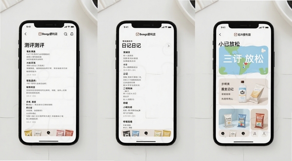 情绪便利店手机端操作界面拼图,画面主体为三台手机并排展示测评、日记、放松三个核心页面,背景为干净的白色桌面,整体风格统一清晰,带软件名称,适合Boogu模型生成