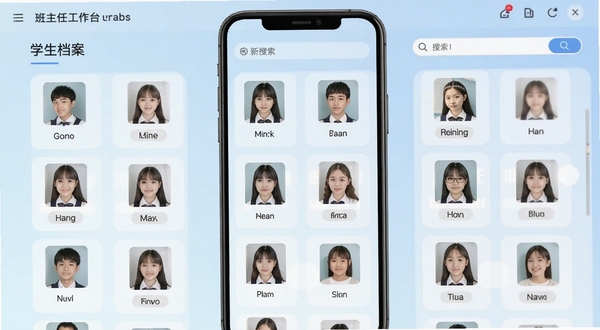 班主任工作台软件界面中显示学生档案列表与搜索框,手机屏幕竖版构图,背景为浅蓝渐变,界面卡片式布局,学生头像与姓名整齐排列,整体风格清爽简洁