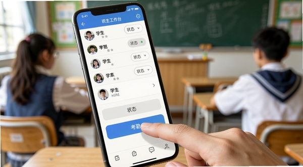 班主任工作台移动端操作界面,手指点击考勤按钮的瞬间,屏幕显示学生名单与状态选项,背景为教室场景虚化,突出手机屏幕内容
