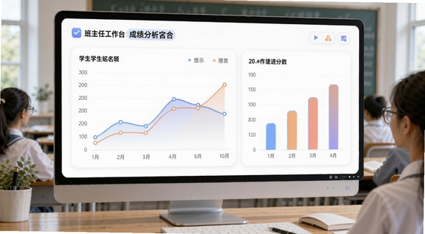 班主任工作台成绩分析页面,展示折线图与柱状图组合,屏幕中显示学生姓名与分数变化趋势,背景为白色卡片,配色柔和,科技感与教育场景结合