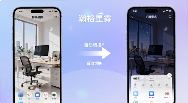 瀚格星雾智能场景切换功能展示图,画面左侧为白天办公场景手机界面,右侧为夜间护眼模式手机界面,中间以箭头连接表示自动切换,背景为柔和的蓝紫色渐变,突出瀚格星雾品牌标识,画面简洁清晰