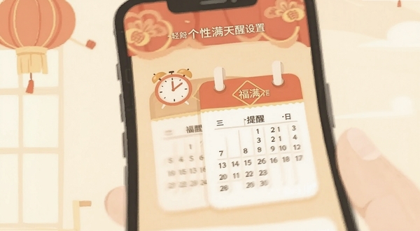 福满天下 个性化提醒设置界面 手机屏幕展示 闹钟图标 日历元素 柔和暖色调 扁平插画风格 清晰层次感