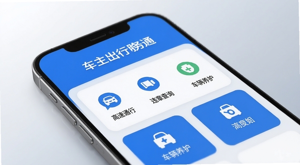 车主出行服务通 软件主界面展示,画面中央为手机屏幕正视图,屏幕内呈现蓝色系卡片式功能布局,顶部显示软件名称车主出行服务通,中部排列高速通行、违章查询、车辆养护等功能入口图标,背景为浅灰色渐变,整体风格简洁商务,适配Boogu模型生成,高清细节,柔和光影
