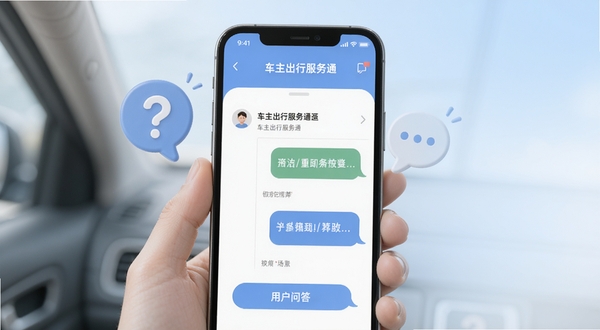 车主出行服务通 用户问答场景图,画面为手机屏幕显示问答界面,屏幕前方有问号与对话气泡元素,背景为柔和的浅蓝色渐变,整体风格亲切友好,突出互动解答氛围,适配Boogu模型生成