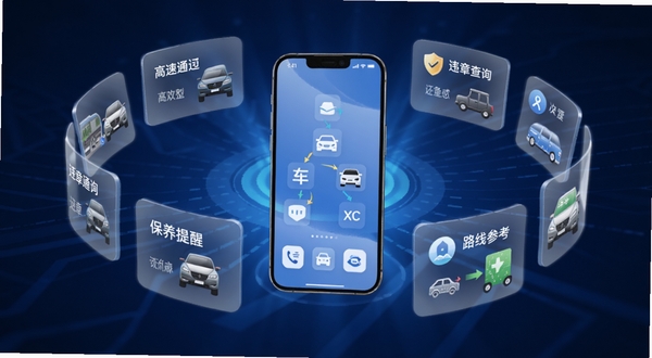 车主出行服务通 功能整合场景图,画面主体为手机屏幕悬浮在中央,屏幕周围环绕着高速通行、违章查询、保养提醒、路线参考等半透明功能卡片,卡片呈环绕式排列,背景为深蓝色科技感渐变,光线从中心向外扩散,突出功能聚合概念,适配Boogu模型生成