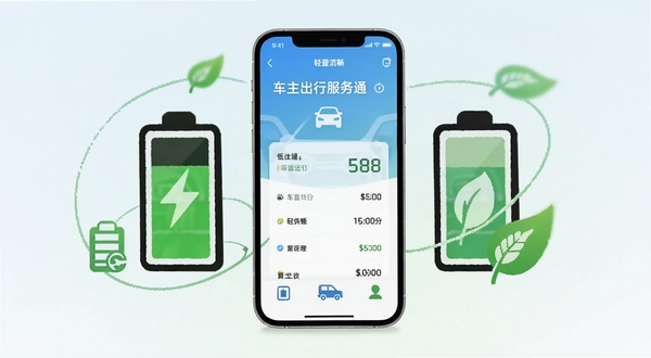 车主出行服务通 轻量运行示意,画面为手机屏幕与电池、内存图标组合,屏幕显示车主出行服务通界面,周围环绕绿色节能标识,背景为浅色渐变,突出低耗流畅特点,适配Boogu模型生成