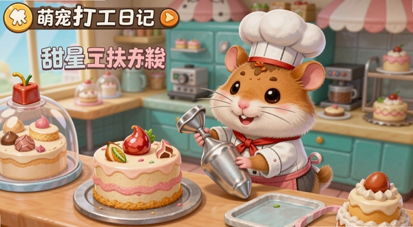 萌宠打工日记游戏更新后的甜品店打工场景,一只小仓鼠穿着甜品师服装在制作蛋糕,画面色彩丰富,突出新版本内容