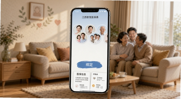 江西智慧医保APP亲情账户绑定操作示意图,画面展示一部手机屏幕中家庭成员头像并列显示,下方有绑定按钮和医保信息卡片,背景为温馨的家庭客厅场景,适配Boogu模型生成
