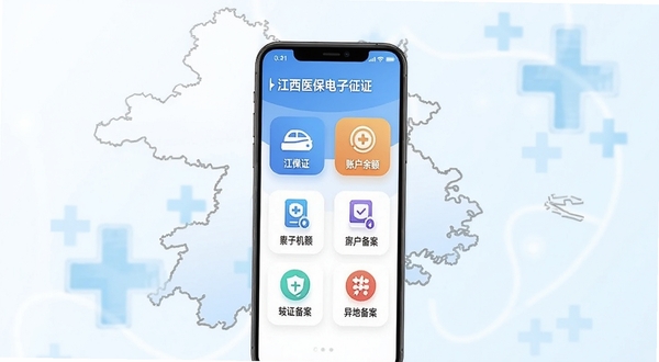 江西智慧医保APP主界面功能全览图,画面中央展示手机屏幕内医保电子凭证、账户余额、异地备案等核心功能图标,背景为江西省地图轮廓与淡蓝色医疗十字元素,整体风格简洁明亮,适配Boogu模型生成