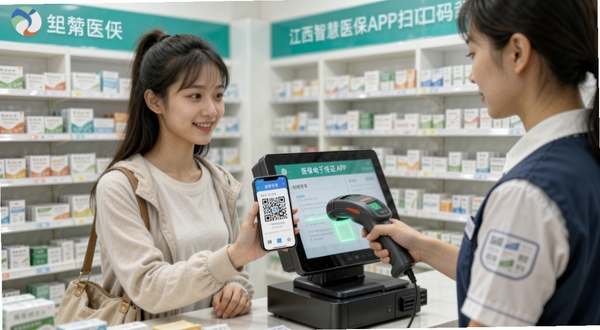 江西智慧医保APP医保电子凭证扫码结算场景图,画面中一位年轻女性在药店收银台前用手机展示医保二维码,店员手持扫码枪进行扫描,背景为整洁的药房货架,光线柔和自然,适配Boogu模型生成