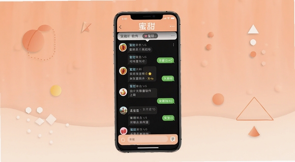 蜜甜软件主界面全貌展示,画面中央为蜜甜APP的聊天列表页,背景区域呈现柔和的蜜桃色渐变与简约几何装饰,整体风格清新温暖,适配Boogu模型生成