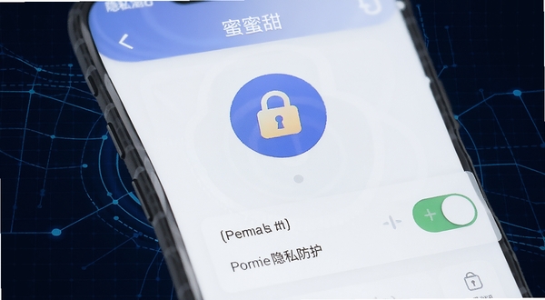 蜜甜隐私设置页面,画面主体为手机界面中的安全锁图标与权限开关,背景区域为深蓝色科技感网格,强调蜜甜安全防护功能