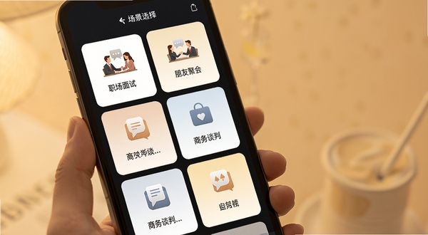谈话助手 场景选择界面 手机屏幕显示多个对话场景卡片 包括职场面试 朋友聚会 商务谈判等图标 背景为柔和暖色调 界面布局清晰 适合展示功能丰富度
