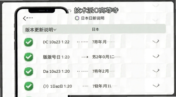 技术派O高尊寺 版本更新说明页面 更新日志列表 版本号与日期 绿色对勾图标 手机界面