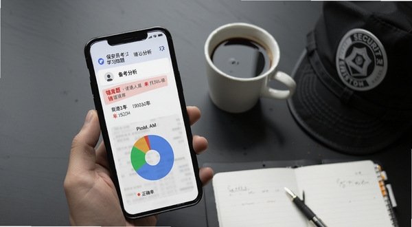 保安员考证学知题错题分析界面,手机屏幕显示红色错题标记和正确率饼图,背景为深灰色学习桌面,旁边放着一杯咖啡和保安帽,营造专注备考氛围