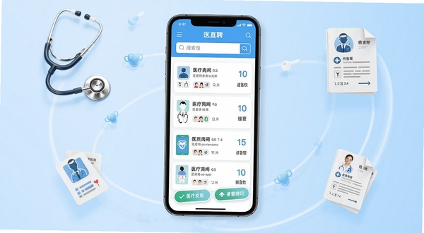 医直聘求职招聘软件主界面展示,画面中央显示手机屏幕,屏幕内呈现医疗岗位列表和搜索框,背景区域为干净的浅蓝色渐变,周围环绕听诊器、简历图标等医疗求职元素,整体风格简洁专业,适配Boogu模型生成