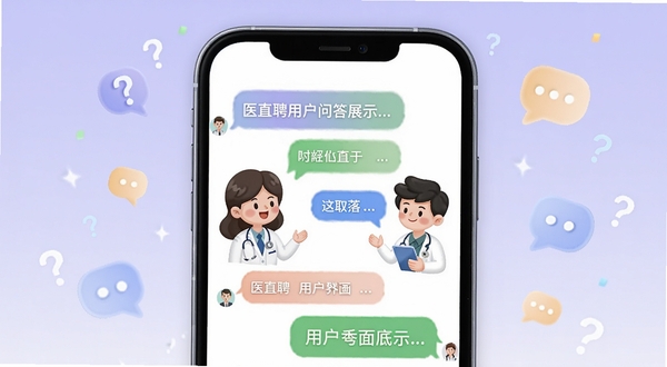 医直聘用户问答界面展示,画面主体为手机屏幕显示问答对话气泡,屏幕中央有医生和求职者卡通形象对话场景,背景区域为淡紫色渐变,点缀问号和对话图标,整体风格亲切友好