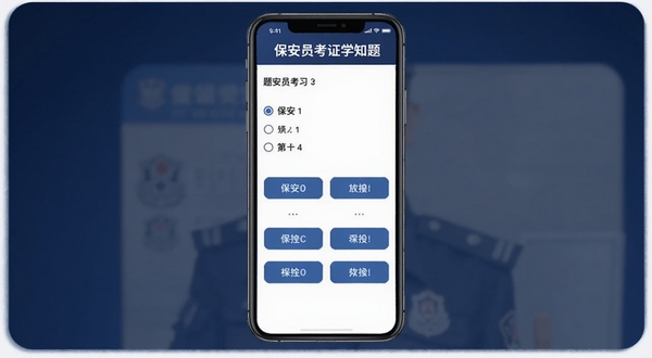 保安员考证学知题软件主界面预览图,画面中央展示手机屏幕内题库练习页面,背景区域为深蓝色渐变,屏幕中显示单选题和四个选项按钮,顶部有保安员考证学知题文字标识,整体风格简洁专业,适配Boogu模型生成