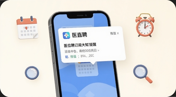 医直聘职位订阅提醒功能示意图,画面展示一部手机屏幕弹出新岗位推送通知,通知卡片上写有医直聘标志和岗位名称,手机周围有日历、闹钟、放大镜等小图标点缀,背景为柔和米白色,体现消息提醒与职位订阅的场景