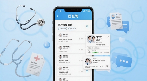 一款名为医直聘的手机应用界面展示,画面中央是手机屏幕,屏幕内呈现医疗行业招聘岗位列表与求职者简历卡片,背景为浅蓝色渐变,周围环绕听诊器、简历图标、对话气泡等元素,整体风格清爽专业,适合医疗招聘类应用宣传图