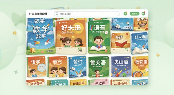 好未来图书软件主界面全貌展示,画面中央为色彩明快的书籍封面墙,涵盖数学语文英语等学科,顶部搜索栏清晰可见,背景为柔和护眼浅绿色调,整体风格清新简洁,适合教育类应用宣传图