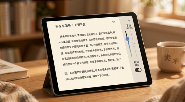 好未来图书护眼阅读界面展示,画面中电子书页面呈现米黄色背景与深灰色文字,右侧有字体调节滑块与夜间模式开关,整体氛围温馨舒适,突出健康阅读理念