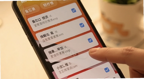 备忘录恢复软件预览与勾选界面,手机屏幕显示多条备忘录摘要与复选框,手指正在点选其中一条,背景为柔和暖色调,体现用户友好交互
