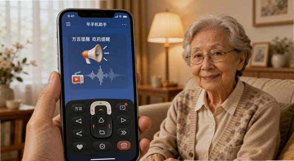 中老年手机助手 语音提醒设置界面 方言录入 吃药提醒 大喇叭图标 语音波形 居家场景 暖光渲染