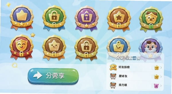 看图猜成语成就徽章与分享界面,画面展示多个已解锁的彩色徽章图标,下方为分享按钮与好友排行榜列表,背景区域为淡蓝色渐变,整体氛围轻松活泼,体现看图猜成语的成就感设计