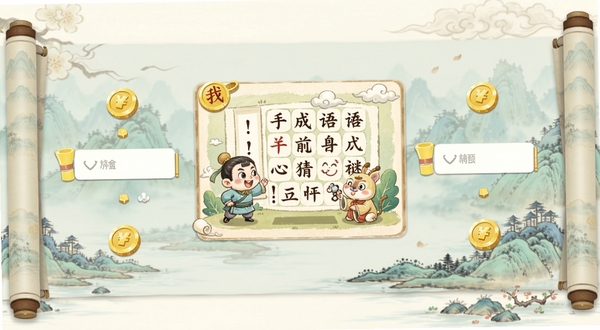 看图猜成语软件主界面全貌展示,画面中央为一张趣味成语谜题插图,四周环绕答题输入框与金币提示图标,背景区域为淡雅中国风山水卷轴,整体色调清新柔和,适配手机竖屏布局,突出看图猜成语的核心玩法特征