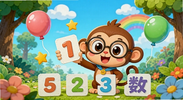滴滴萌数学卡通角色在色彩缤纷的森林场景中教小朋友数数,画面中央是一只戴眼镜的棕色小猴子举着数字卡片,周围漂浮着彩色气球和星星,背景是蓝天白云和彩虹,整体风格明亮活泼,适合儿童教育软件宣传图