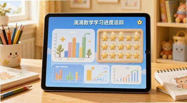 滴滴萌数学学习进度追踪界面展示,画面主体是平板电脑屏幕上的彩色图表和星星奖励墙,背景是温馨的儿童书房环境,书桌上放着铅笔和画册,整体色调温暖柔和