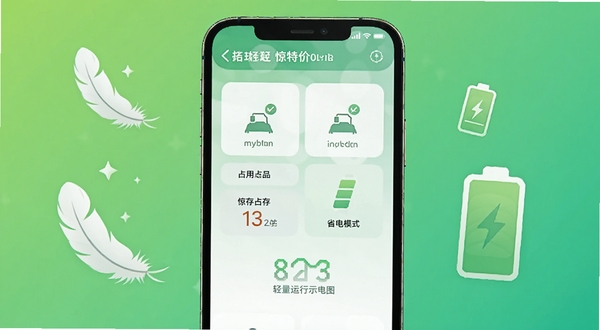 惊喜特价购物轻量运行示意图,手机屏幕显示内存占用低与省电模式标识,背景为清新的绿色渐变,画面中有羽毛与电池图标