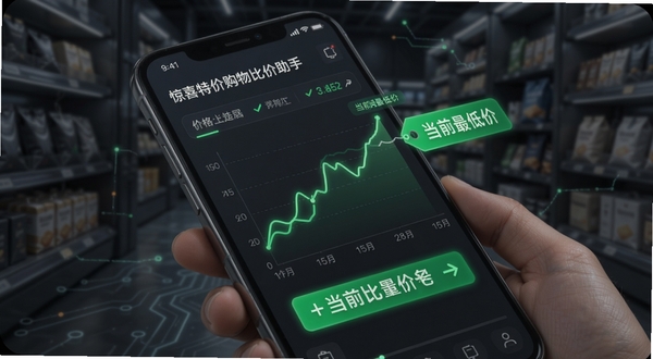 惊喜特价购物智能比价助手功能展示,手机屏幕呈现价格走势折线图与当前最低价标签,背景为深灰色科技感界面,图表线条为亮绿色,突出数据对比的直观性