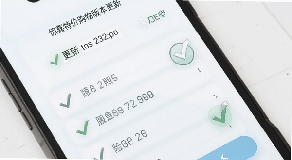 惊喜特价购物版本更新界面截图,手机屏幕展示更新日志列表与版本号标识,背景为干净的白色与淡蓝色搭配,画面中有对勾与箭头图标体现升级感
