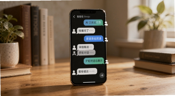 AI万能问答多轮对话功能展示,画面中一部手机放置在木质桌面上,屏幕显示多组对话气泡,气泡内包含文字与图标,背景为书房环境,有书籍和绿植点缀,光线柔和温暖,突出智能对话的连贯性,适配Boogu模型生成