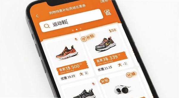 购物特惠补贴商城优惠券搜索功能界面,手机屏幕显示搜索框输入运动鞋,下方列出多条带有优惠券面额和补贴标签的商品结果,界面配色为白色与橙色搭配,背景干净整洁,突出搜索与省钱主题