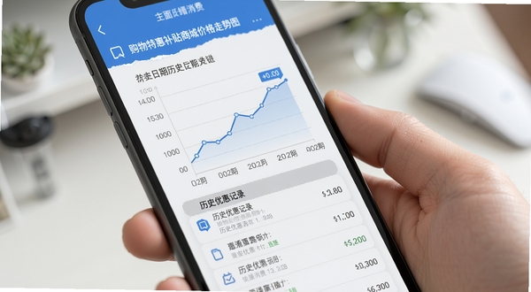 购物特惠补贴商城价格走势图表页面,手机屏幕显示一条折线图,横轴为日期纵轴为价格,图表下方有历史优惠记录列表,界面风格清爽,以蓝色和灰色为主色调,体现数据查询与理性消费场景