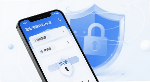 彭云物联安全设置页面,手机屏幕显示权限管理选项与加密标识,背景为盾牌与锁的抽象图形,色调为蓝色与白色,传达安全可靠的感觉,适配Boogu模型生成